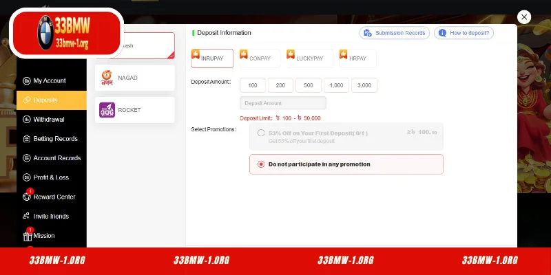 Deposit 33BMW via bKash details